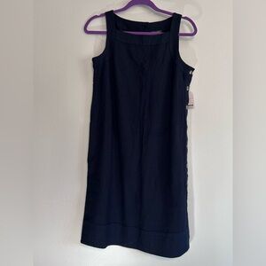 Navy blue linen blend square neck shift dress side button school girl basic